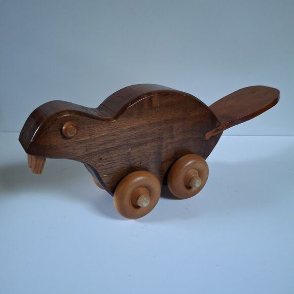 Beaver Wooden Pull Roll Toy Vintage  Handmade Retro Craft Folk Art - Picture 3 of 6